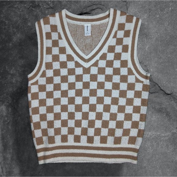 Abound Sweaters - SOLD ABOUND Sweater Vest Tan/Ivory Check Women's Sleeveless V-Neck sz S